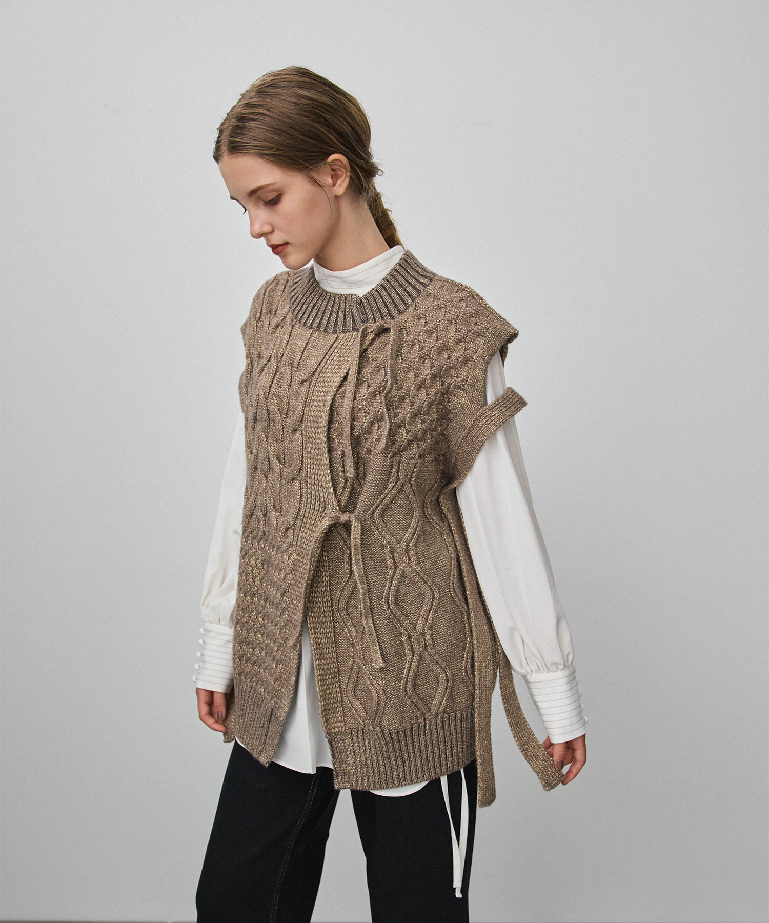 162530015200 BEIGE FREE GILET KNIT MIX パターンミックスニットジレ