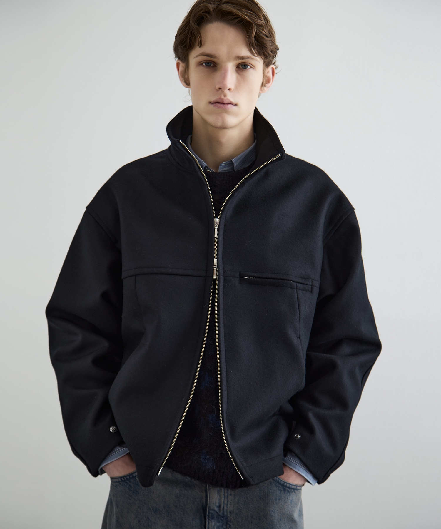 Super140s メルトンスタンドジップブルゾン