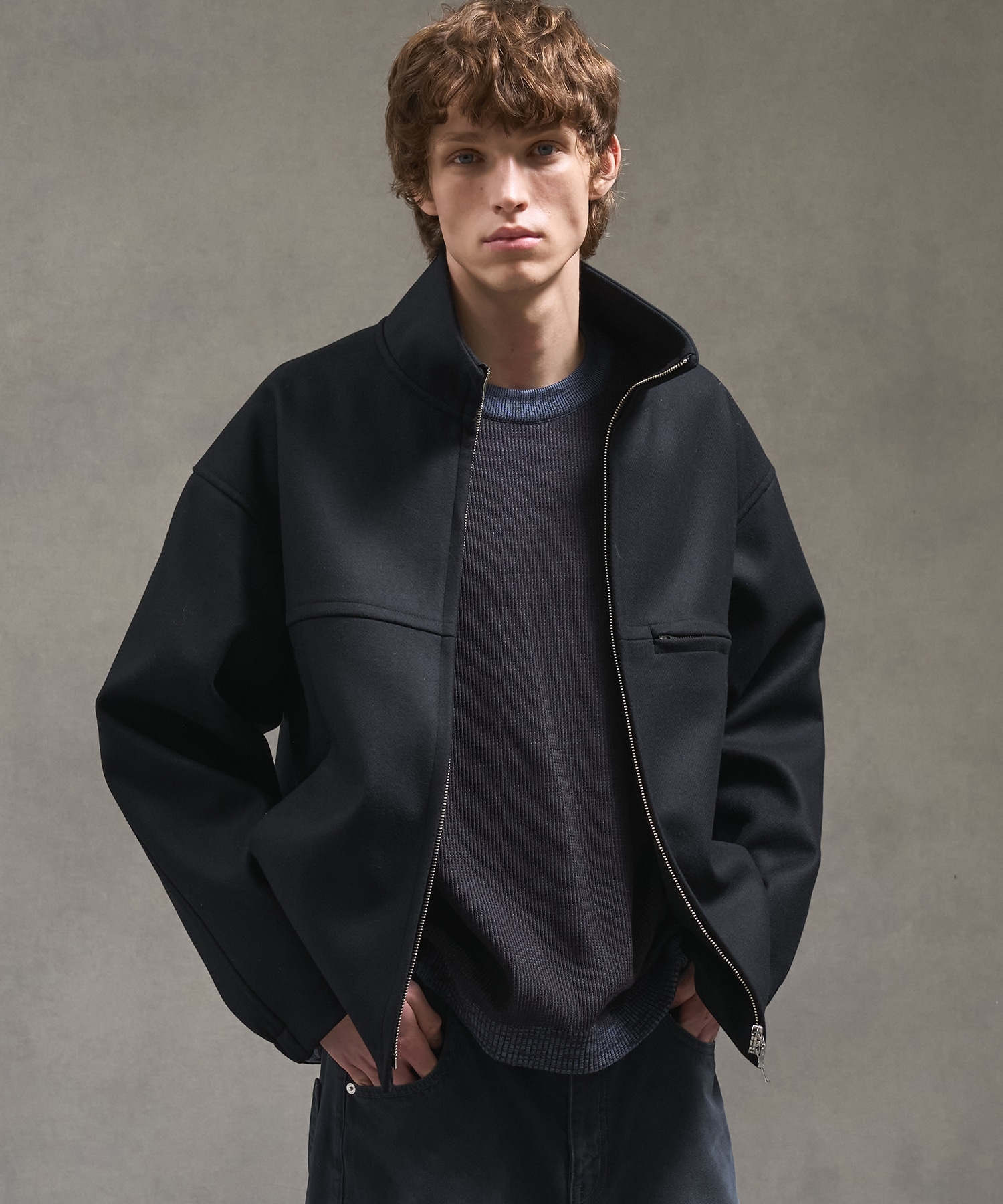 Super140s メルトンスタンドジップブルゾン