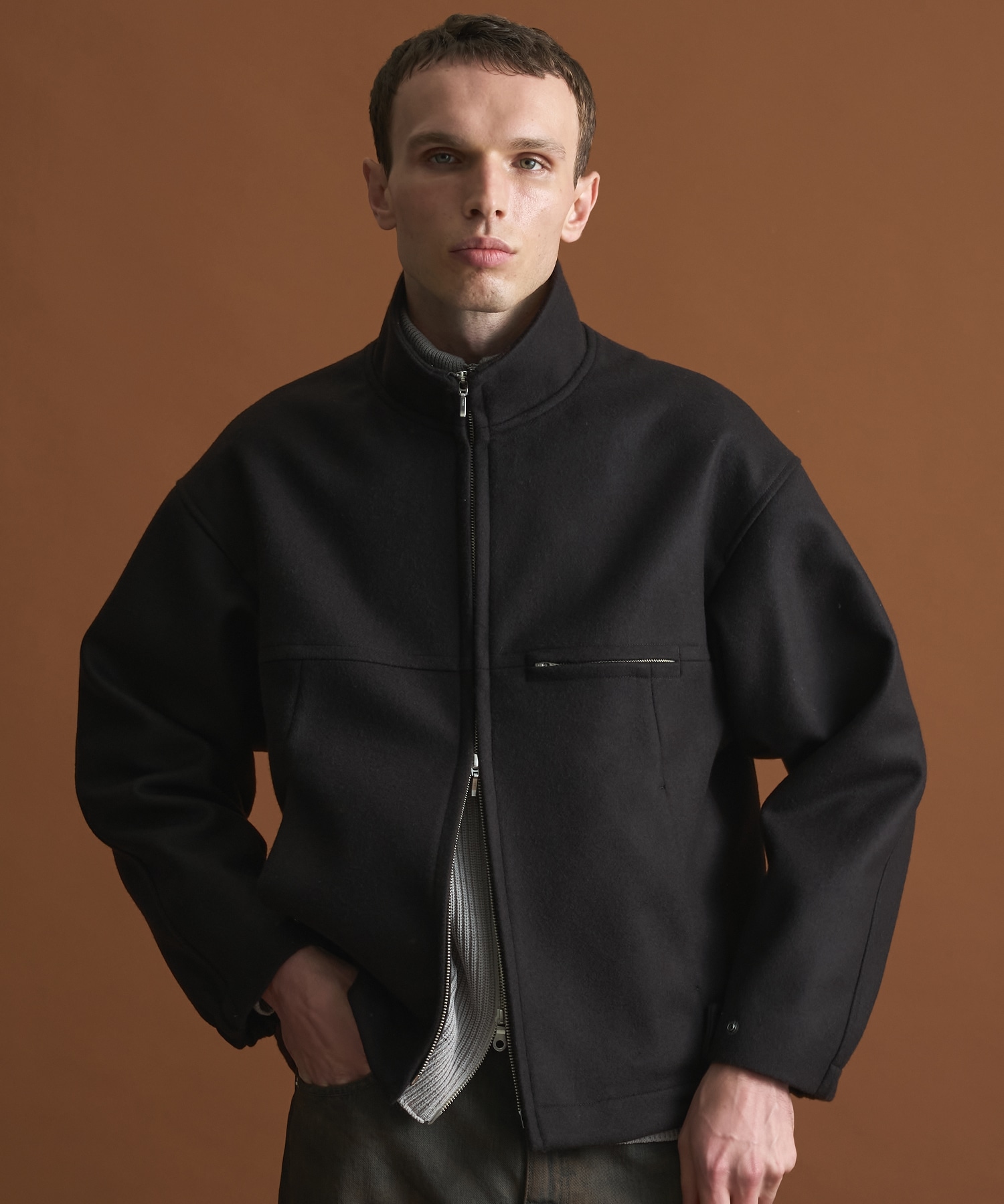 Super140sメルトンスタンドジップBL