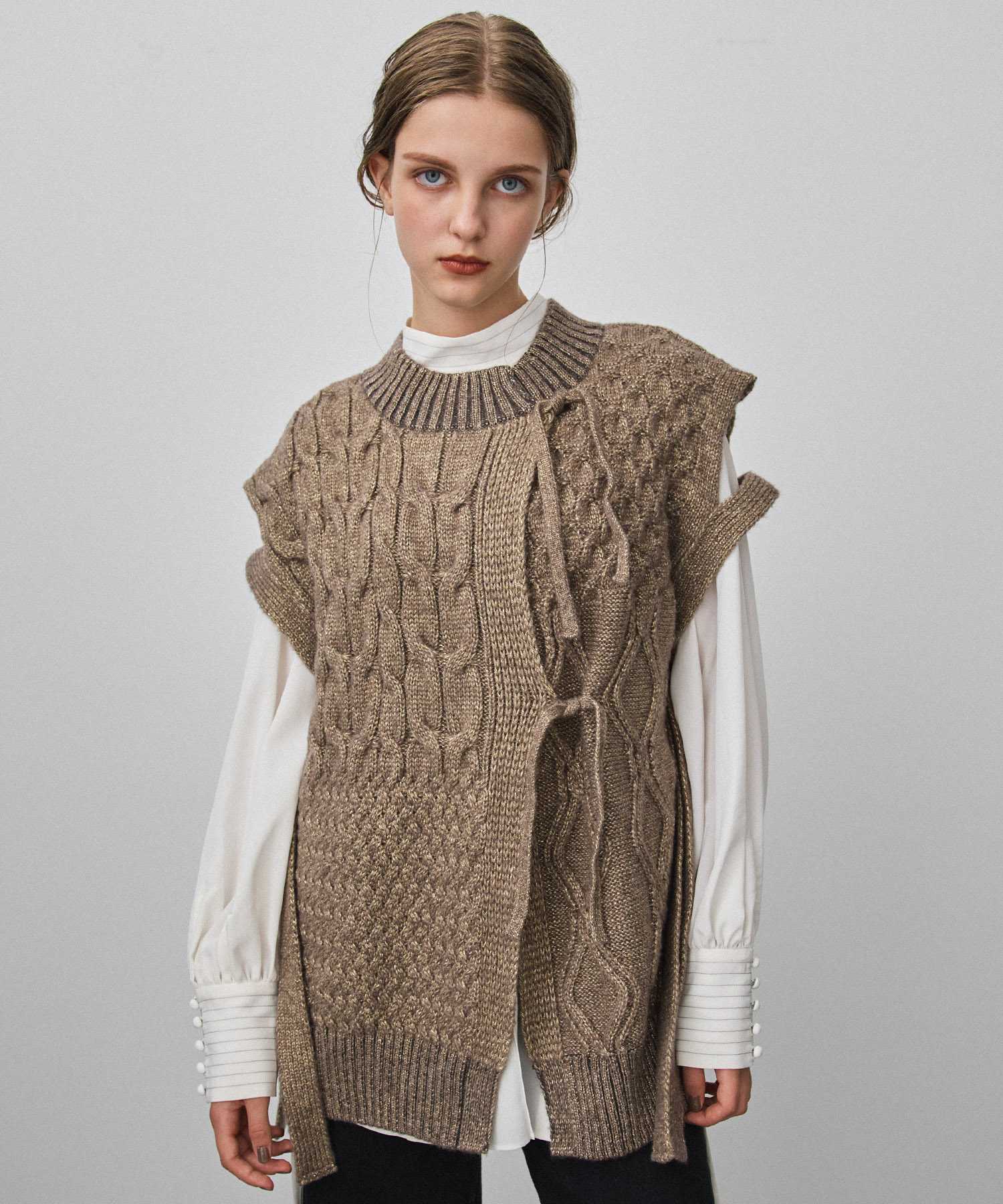 162530015200 BEIGE FREE GILET KNIT MIX パターンミックスニットジレ