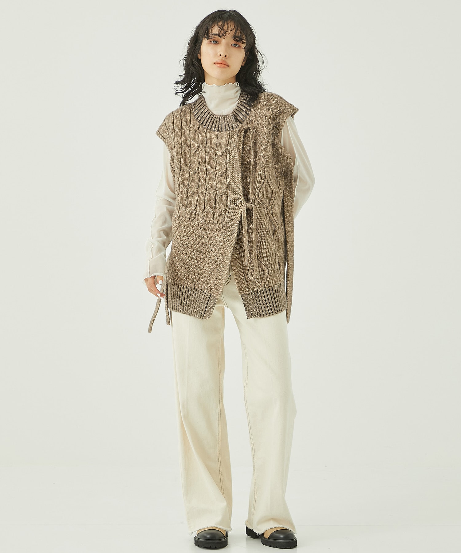 162530015200 BEIGE FREE GILET KNIT MIX パターンミックスニットジレ