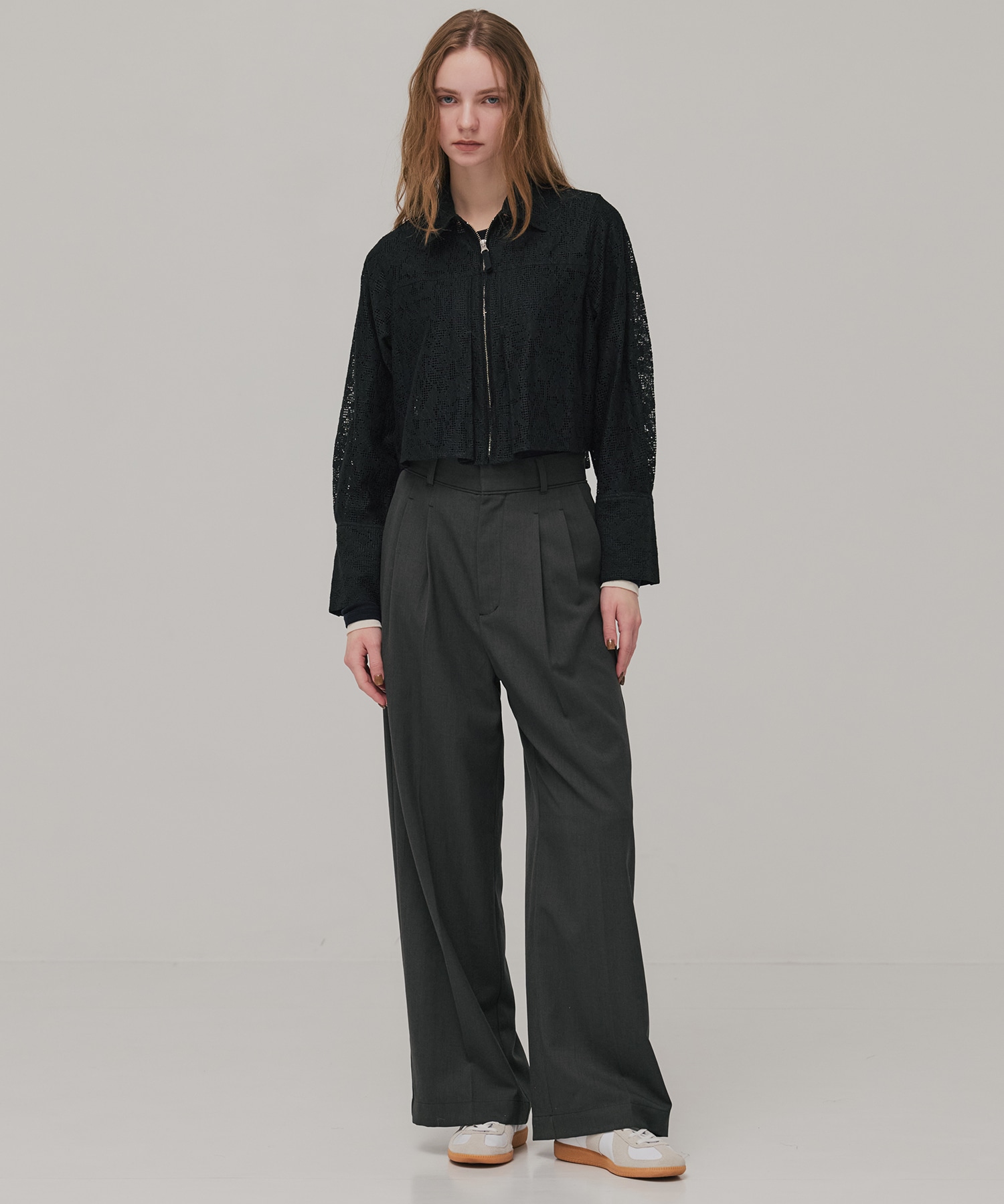 コットンレースフロントZIPシャツ