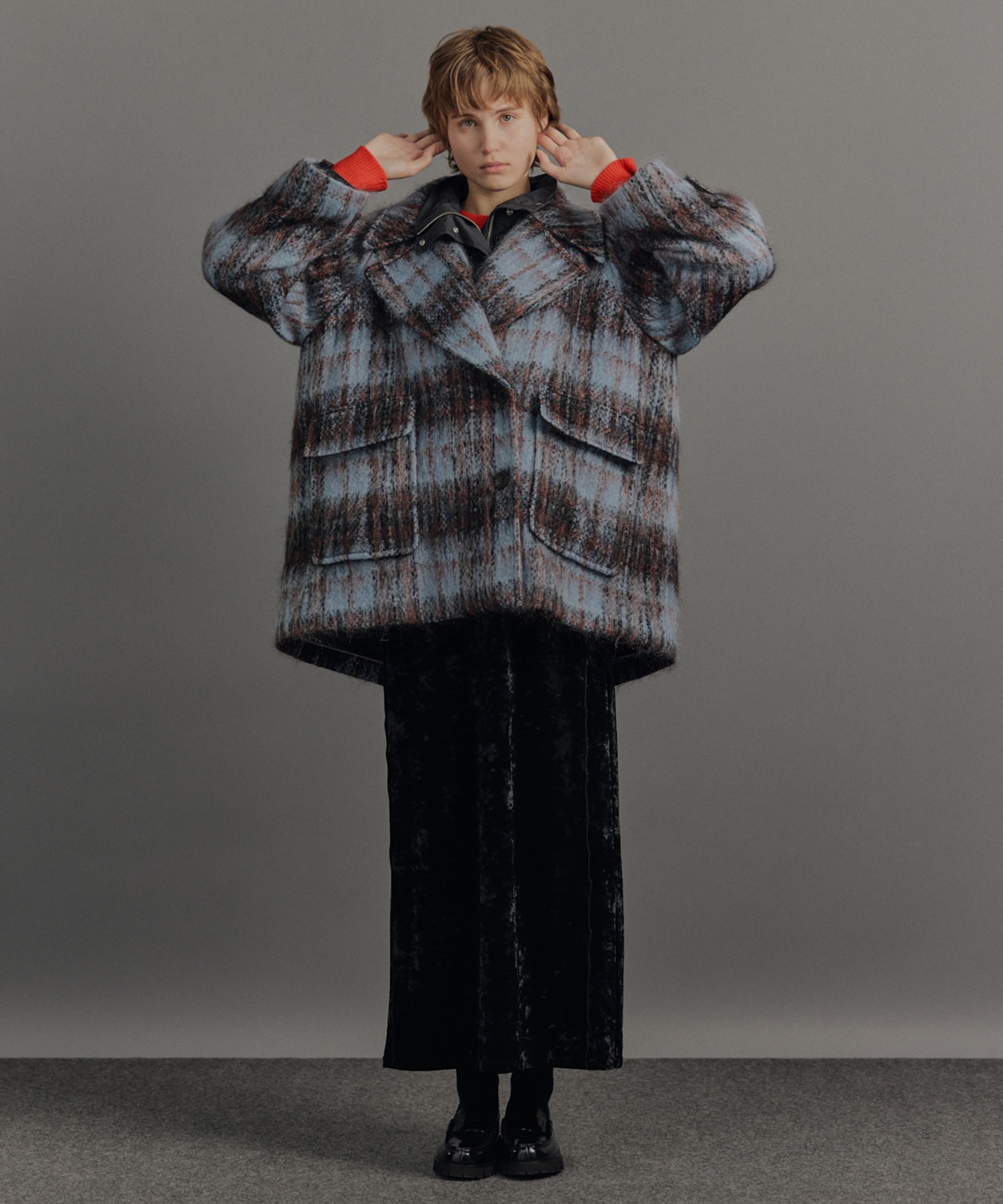 ワイドラペルチェックコート