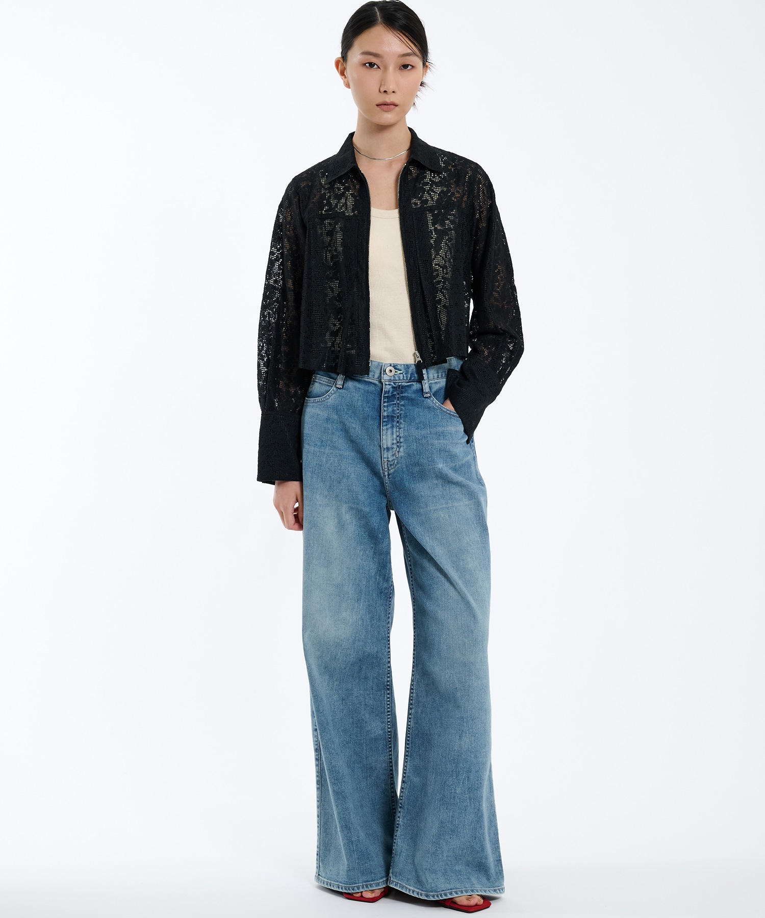 コットンレースフロントZIPシャツ