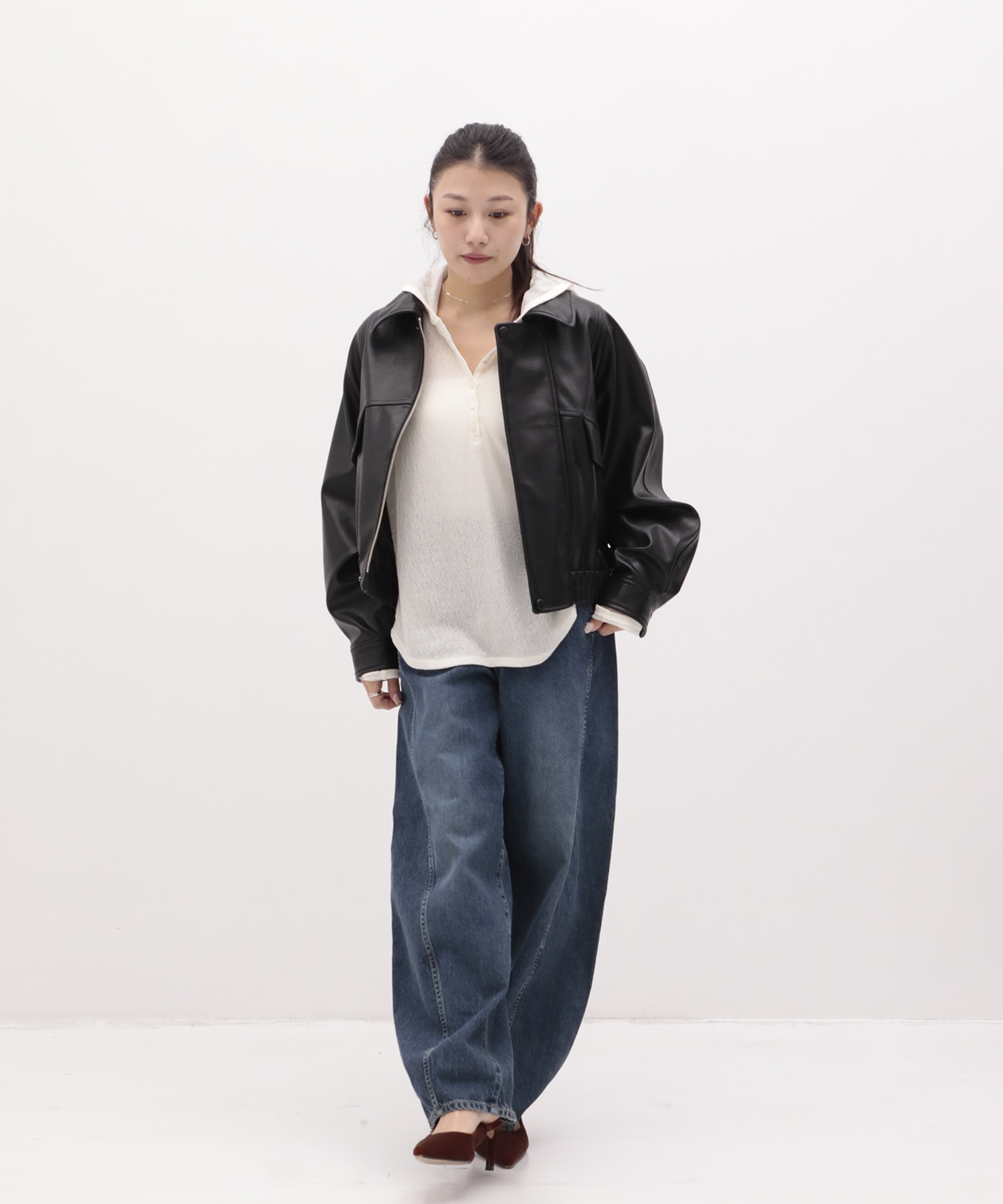 パネルスリーブレザーブルゾン