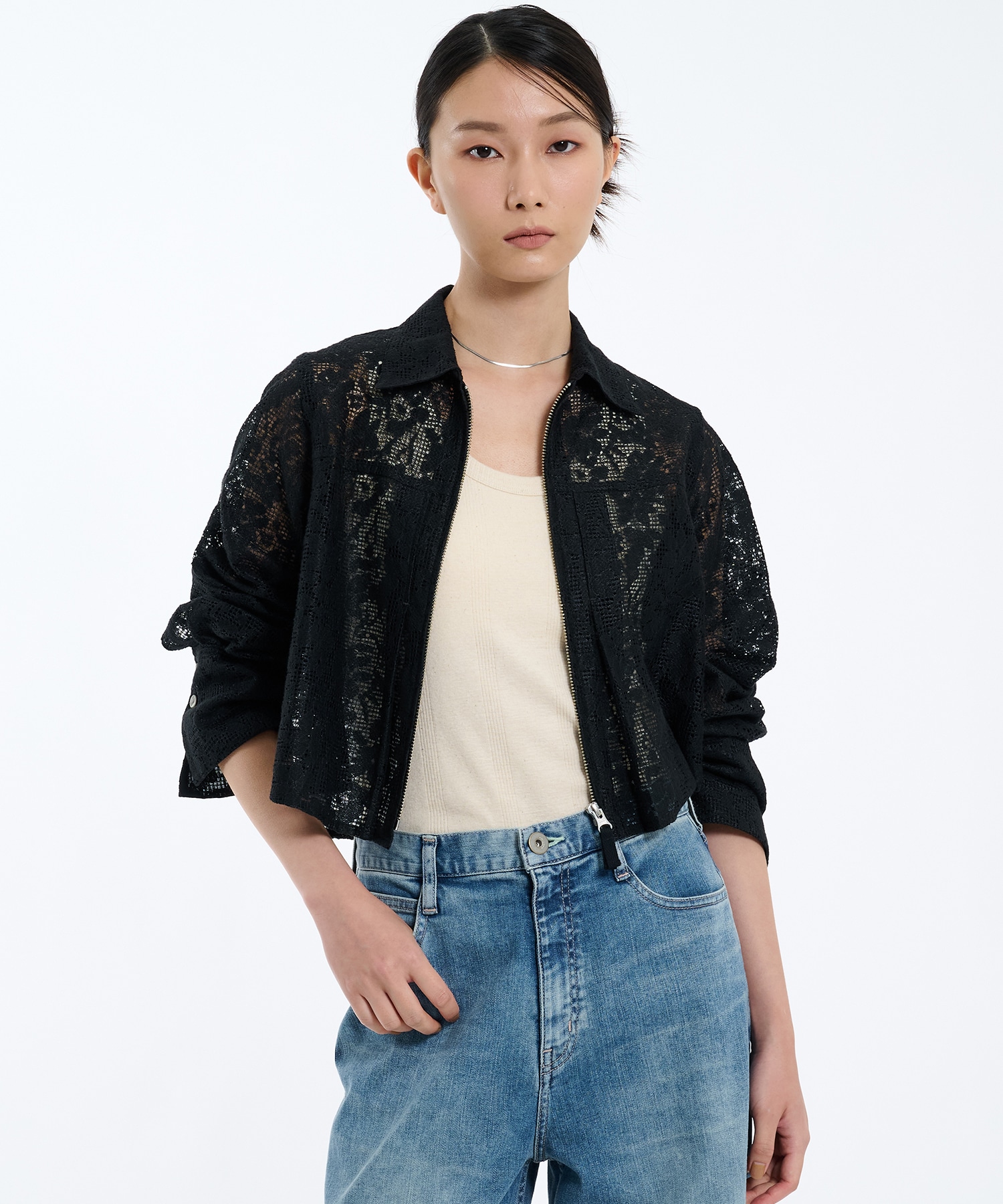 コットンレースフロントZIPシャツ