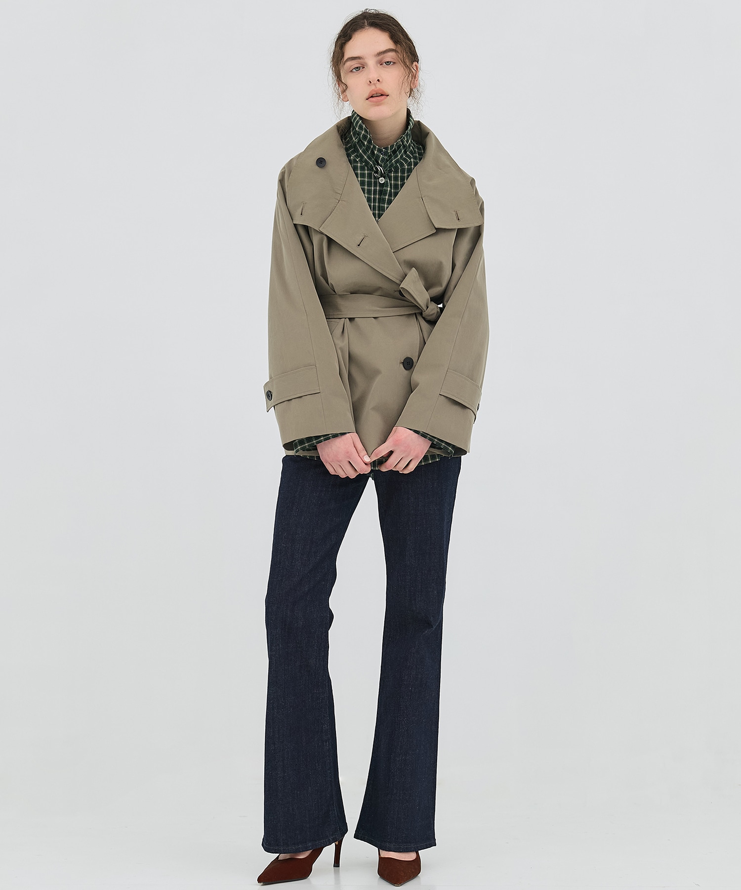 ファンネルネックショートトレンチコート