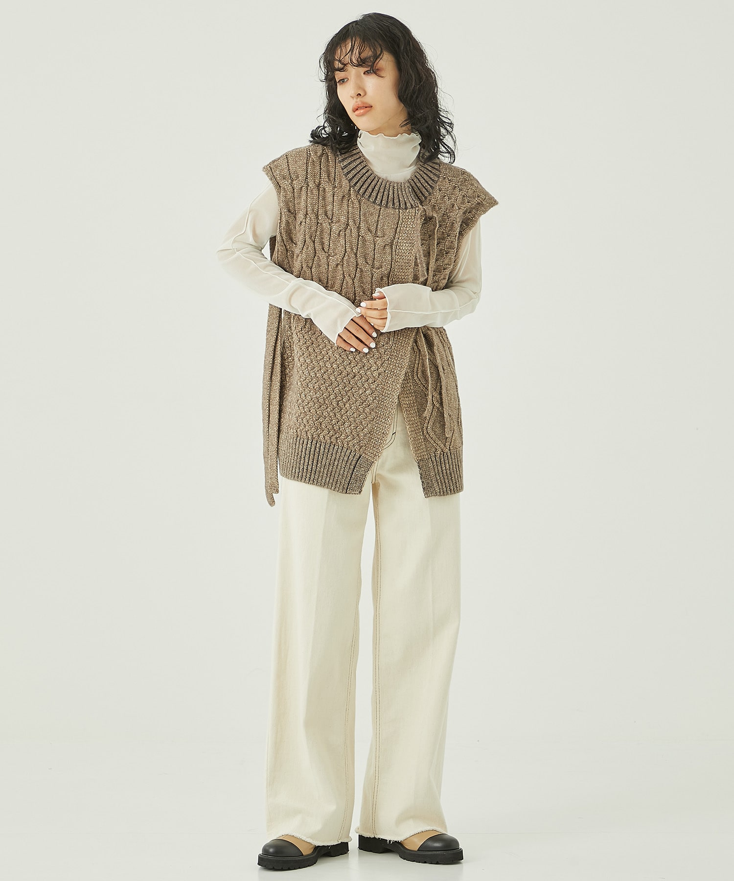 162530015200 BEIGE FREE GILET KNIT MIX パターンミックスニットジレ