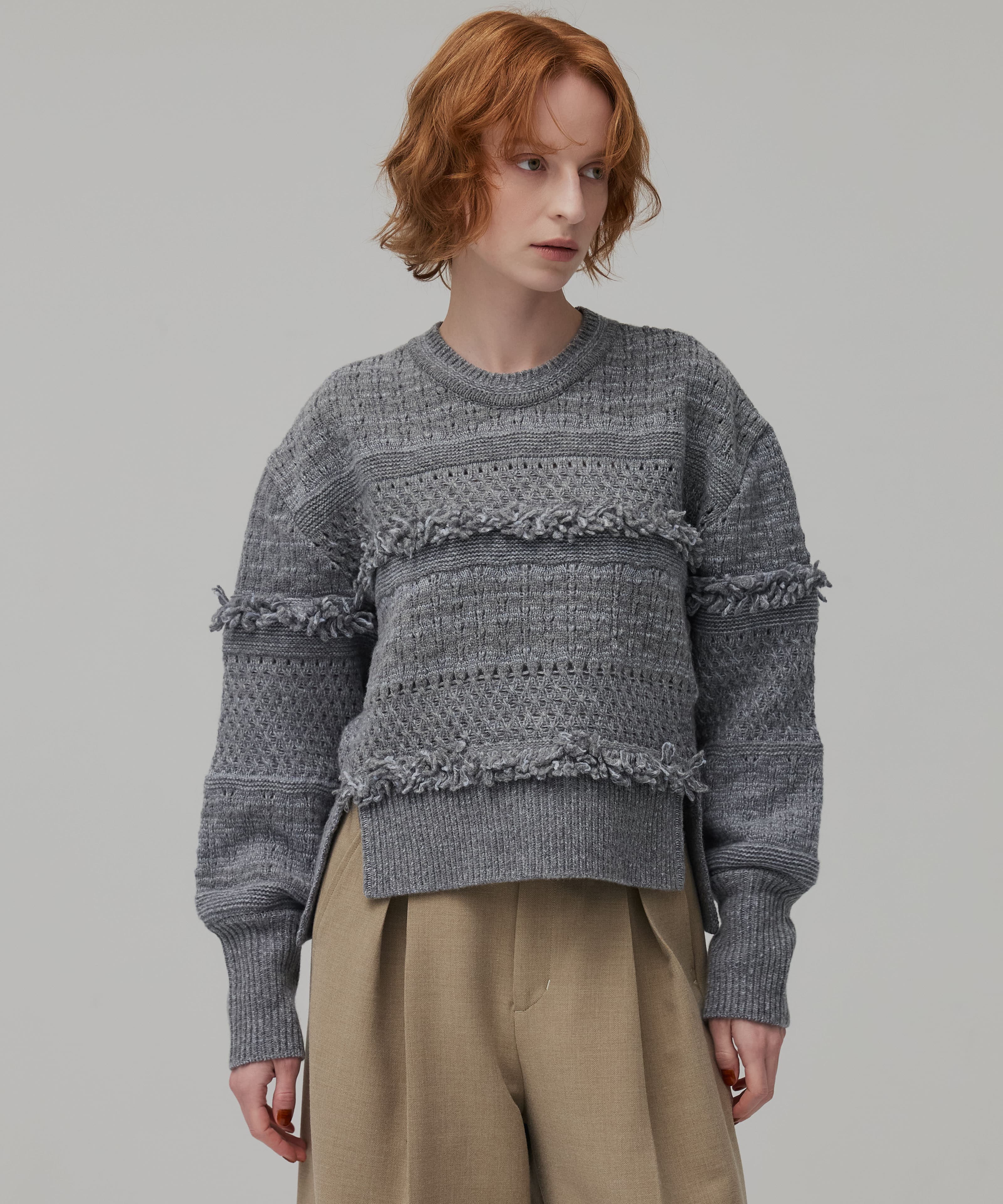 ウールバスケットフリンジニット