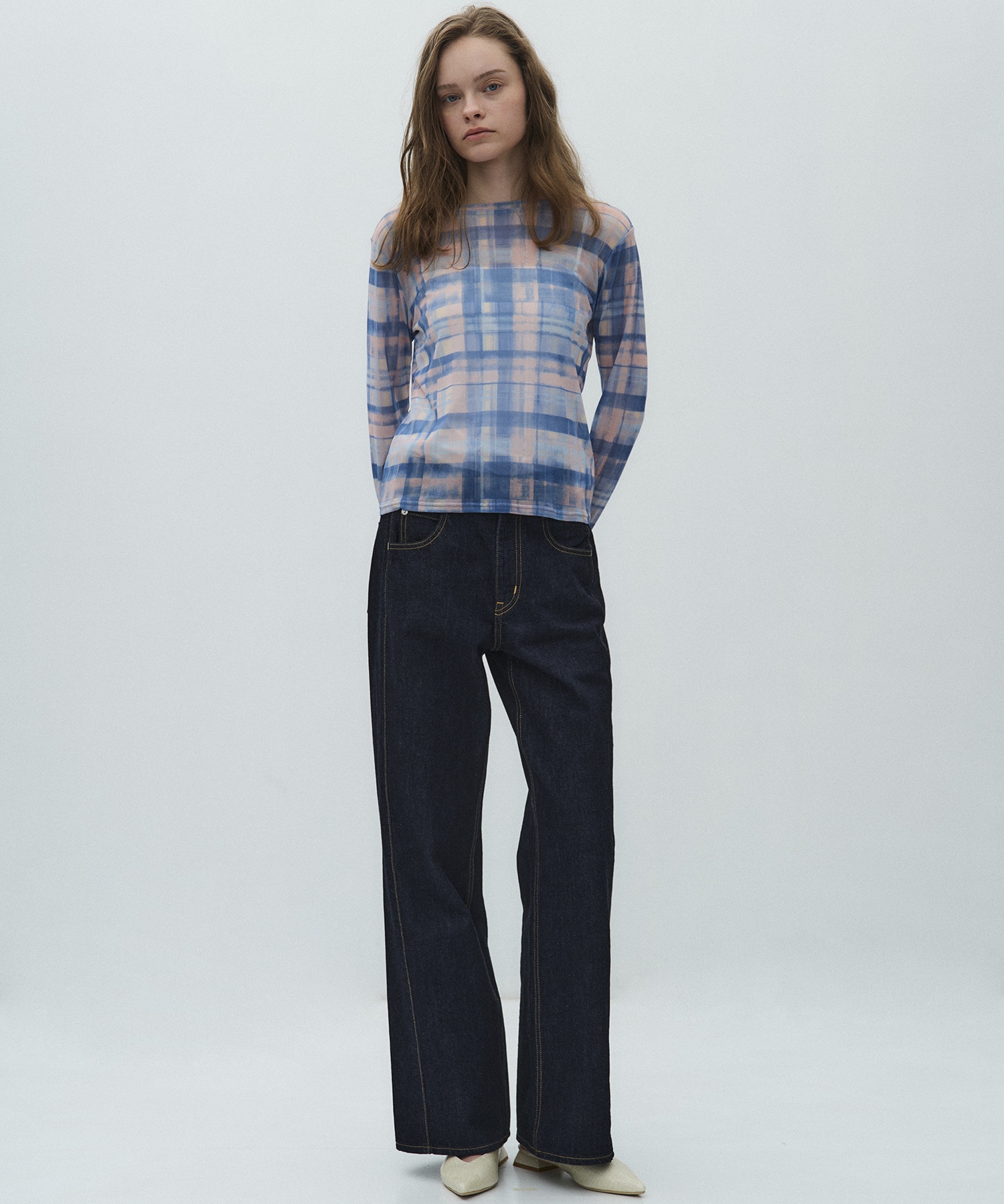 ペイントプリントチェックトップス