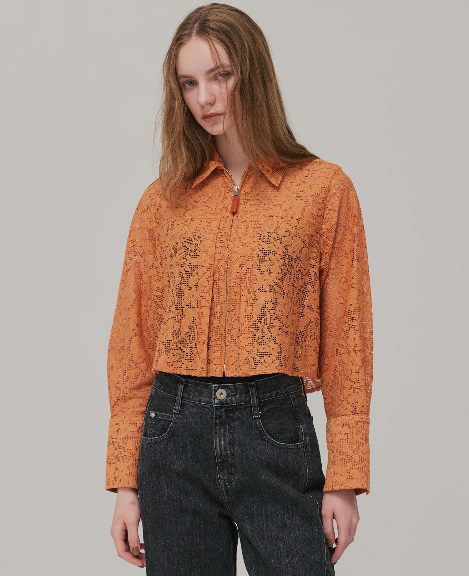 コットンレースフロントZIPシャツ