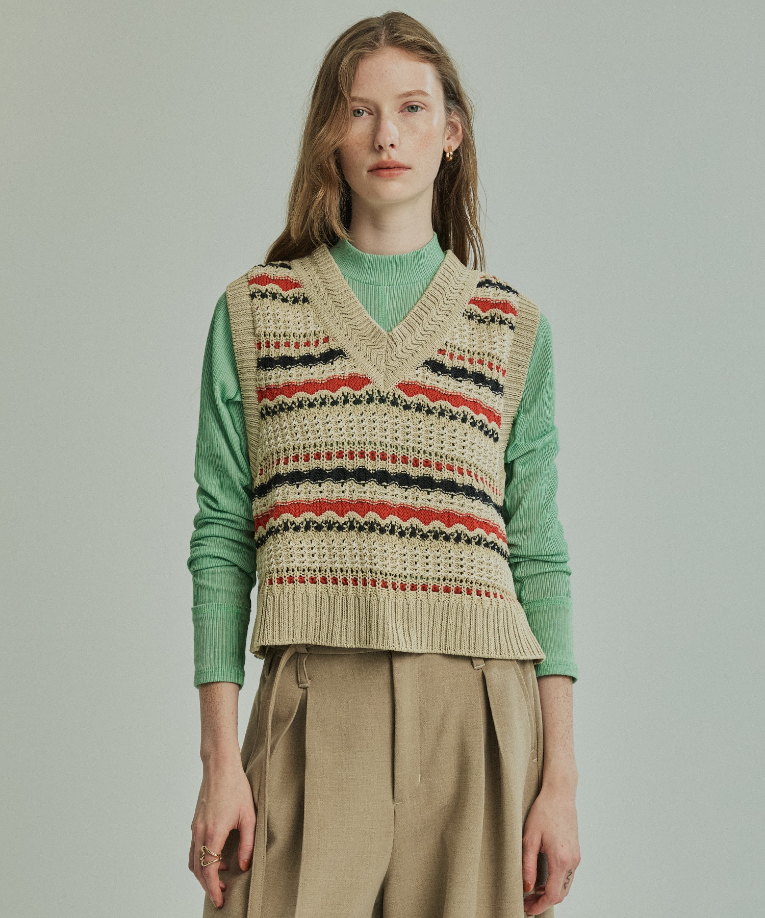 ボーダーメッシュニットベスト