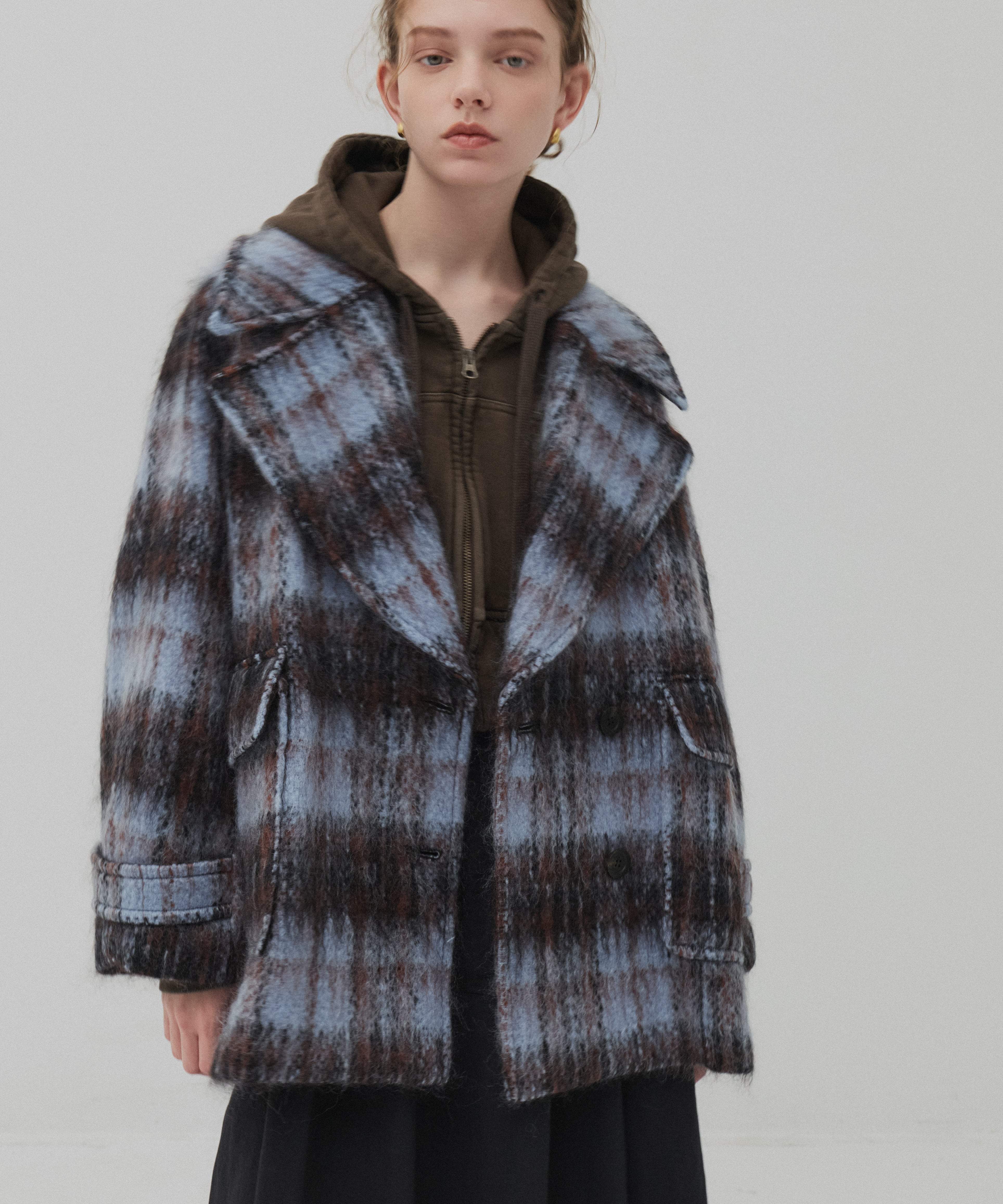 ワイドラペルチェックコート