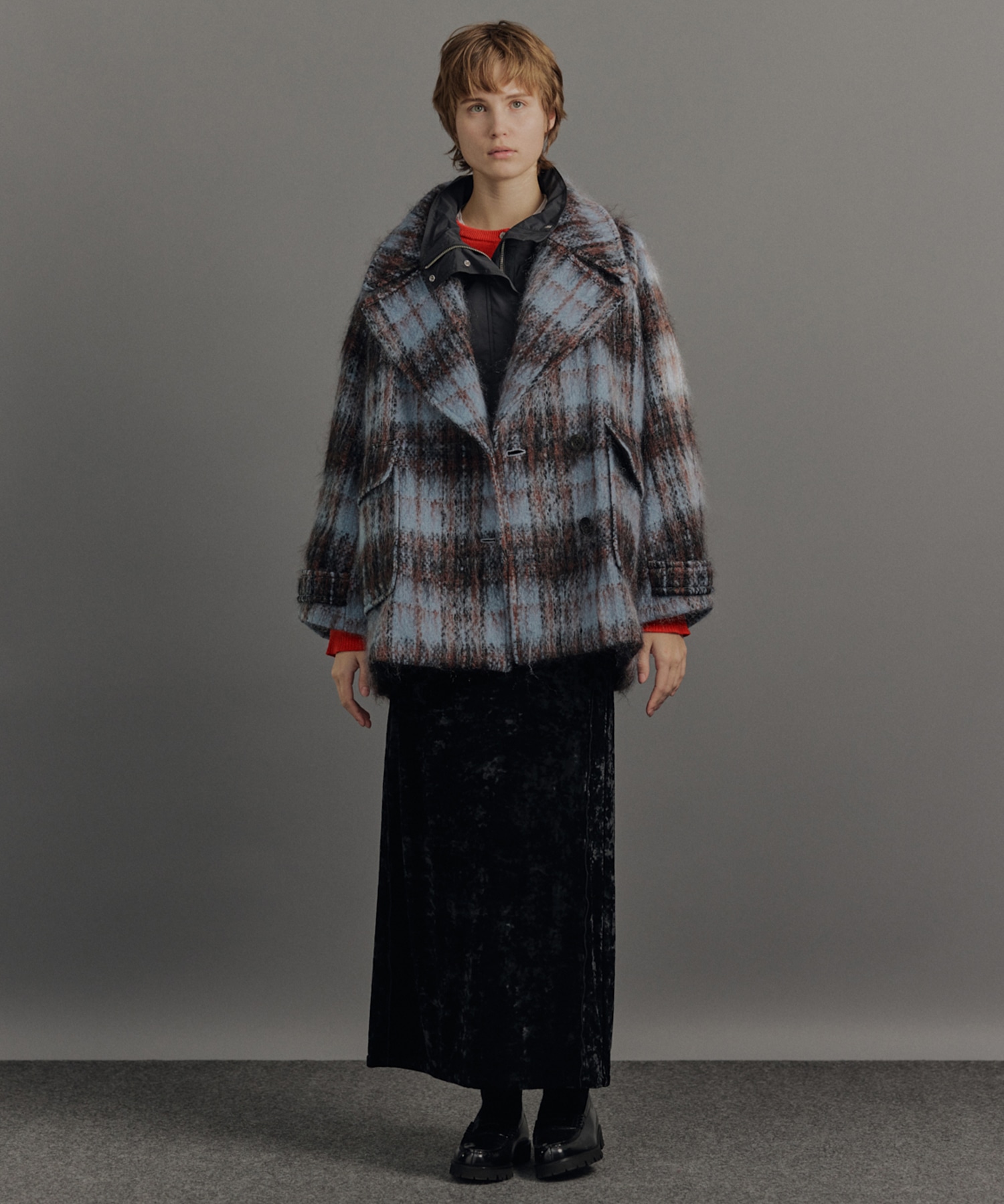 ワイドラペルチェックコート