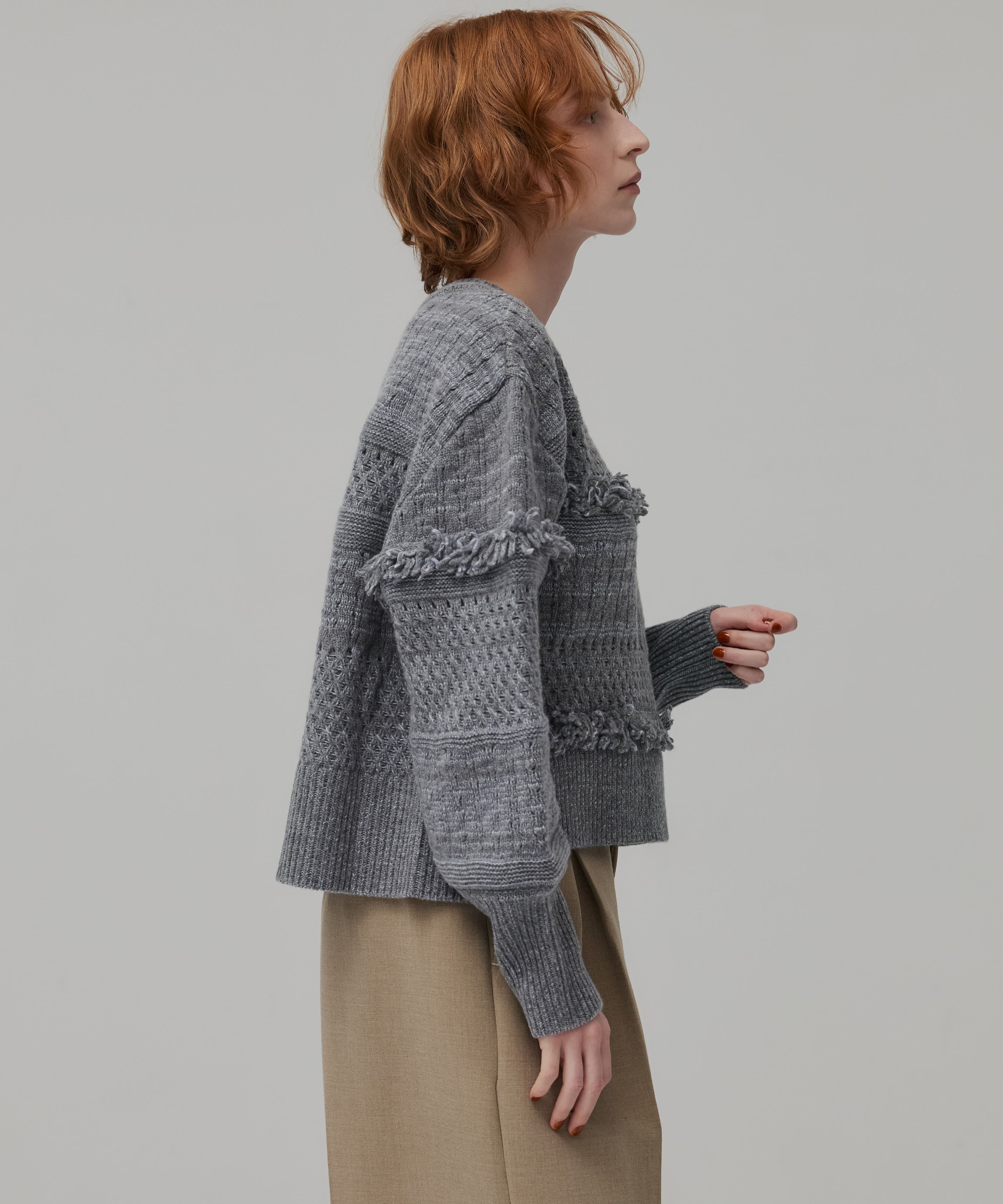 ウールバスケットフリンジニット