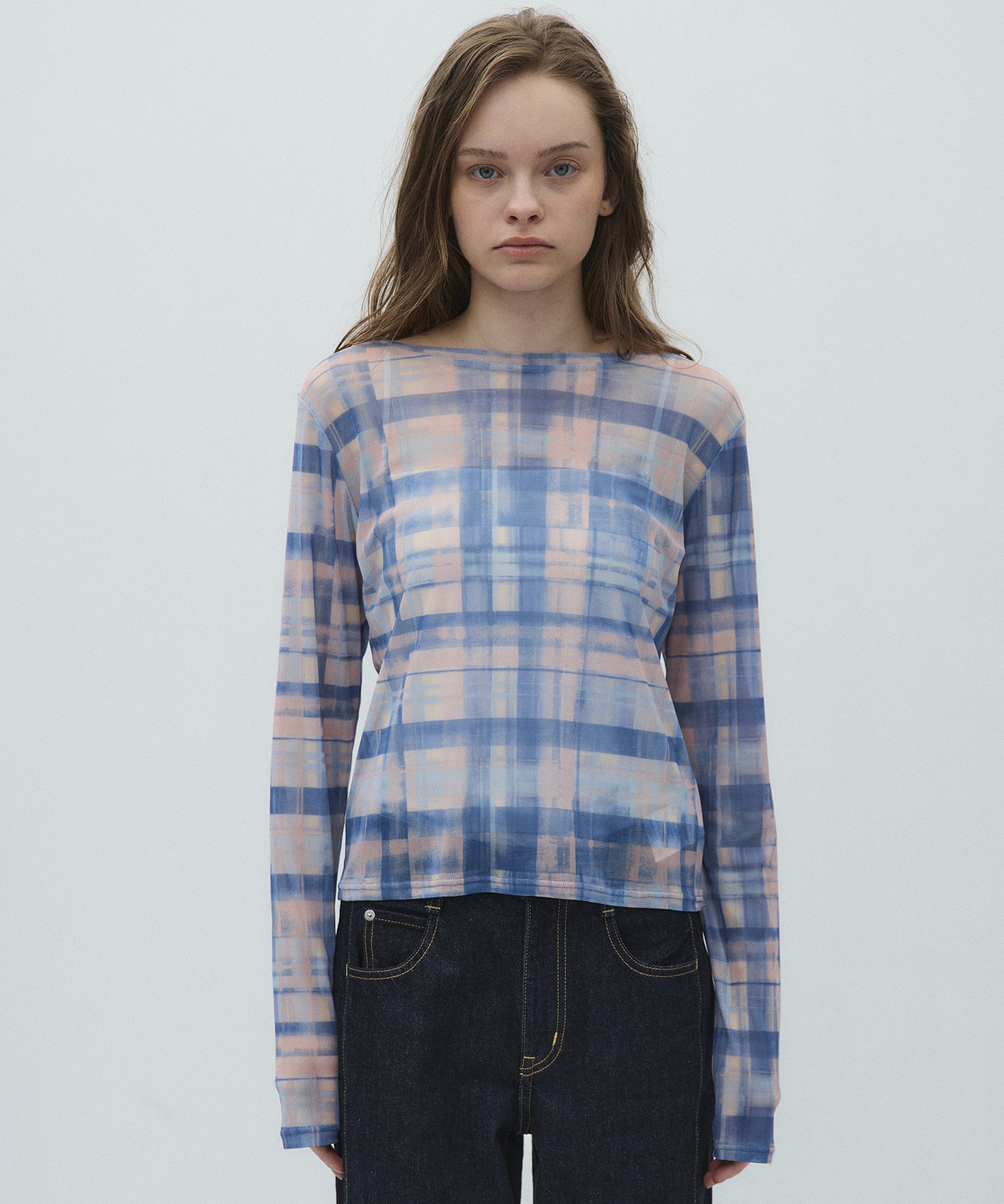 ペイントプリントチェックトップス