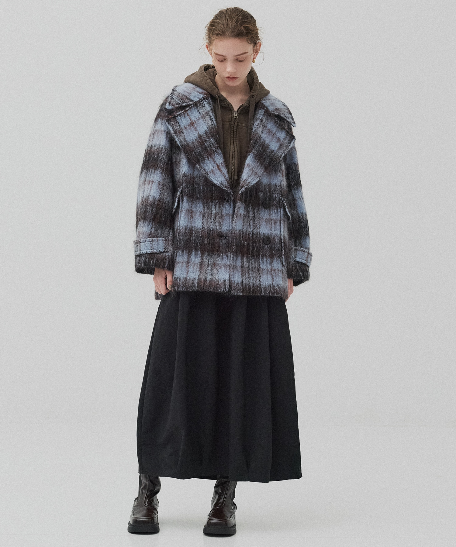 ワイドラペルチェックコート