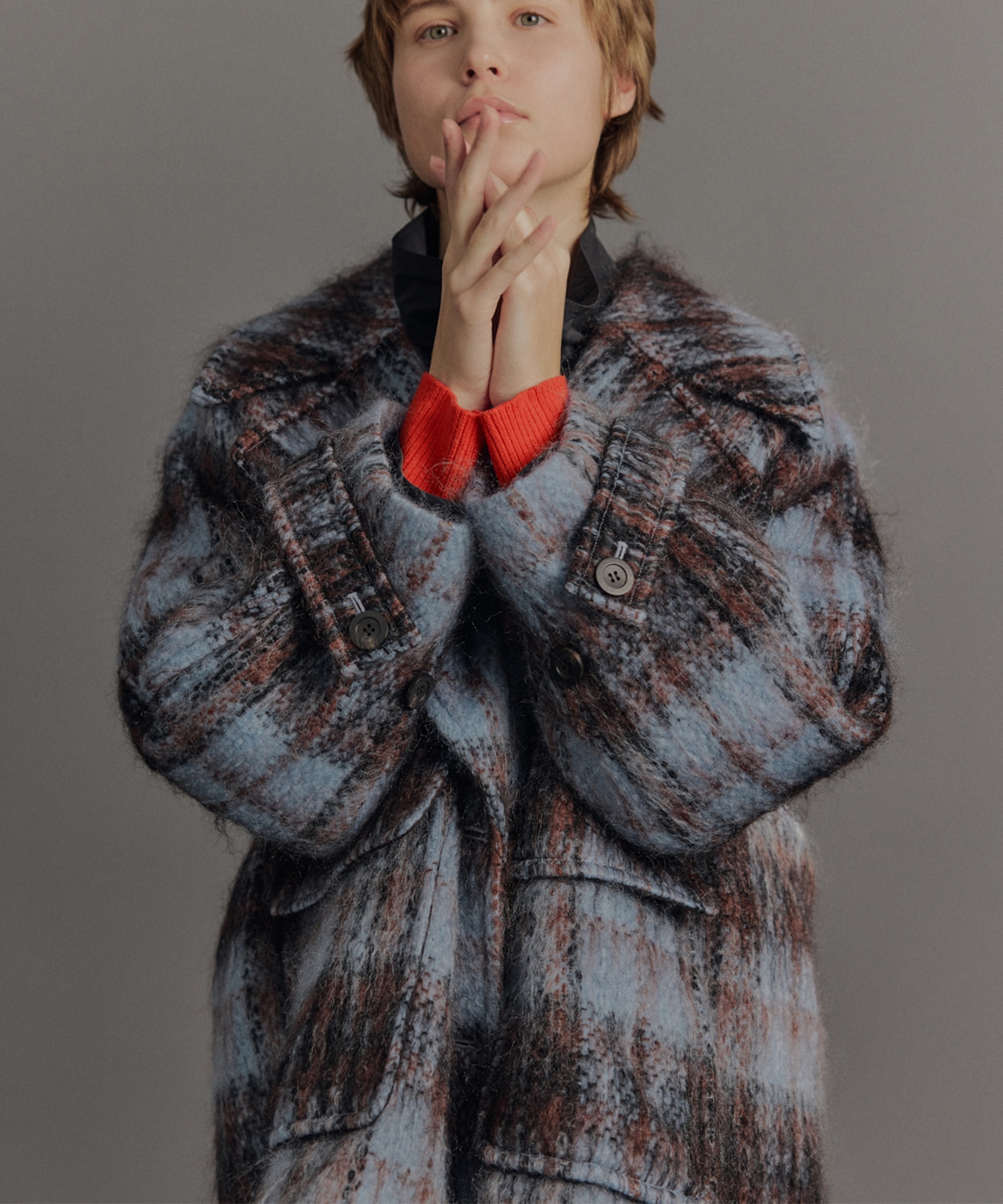 ワイドラペルチェックコート