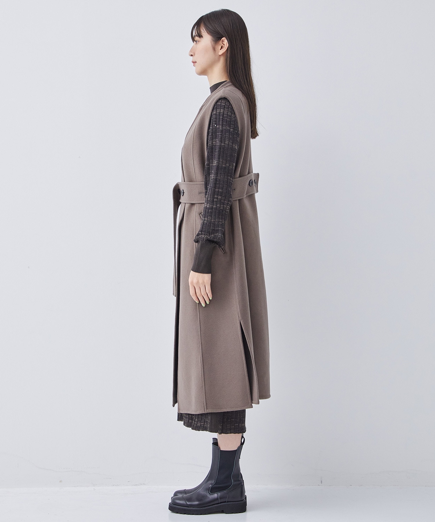 162551006260 BROWN CLOTH DOUBLE FREE GILET LONG RIVER ダブルクロス 