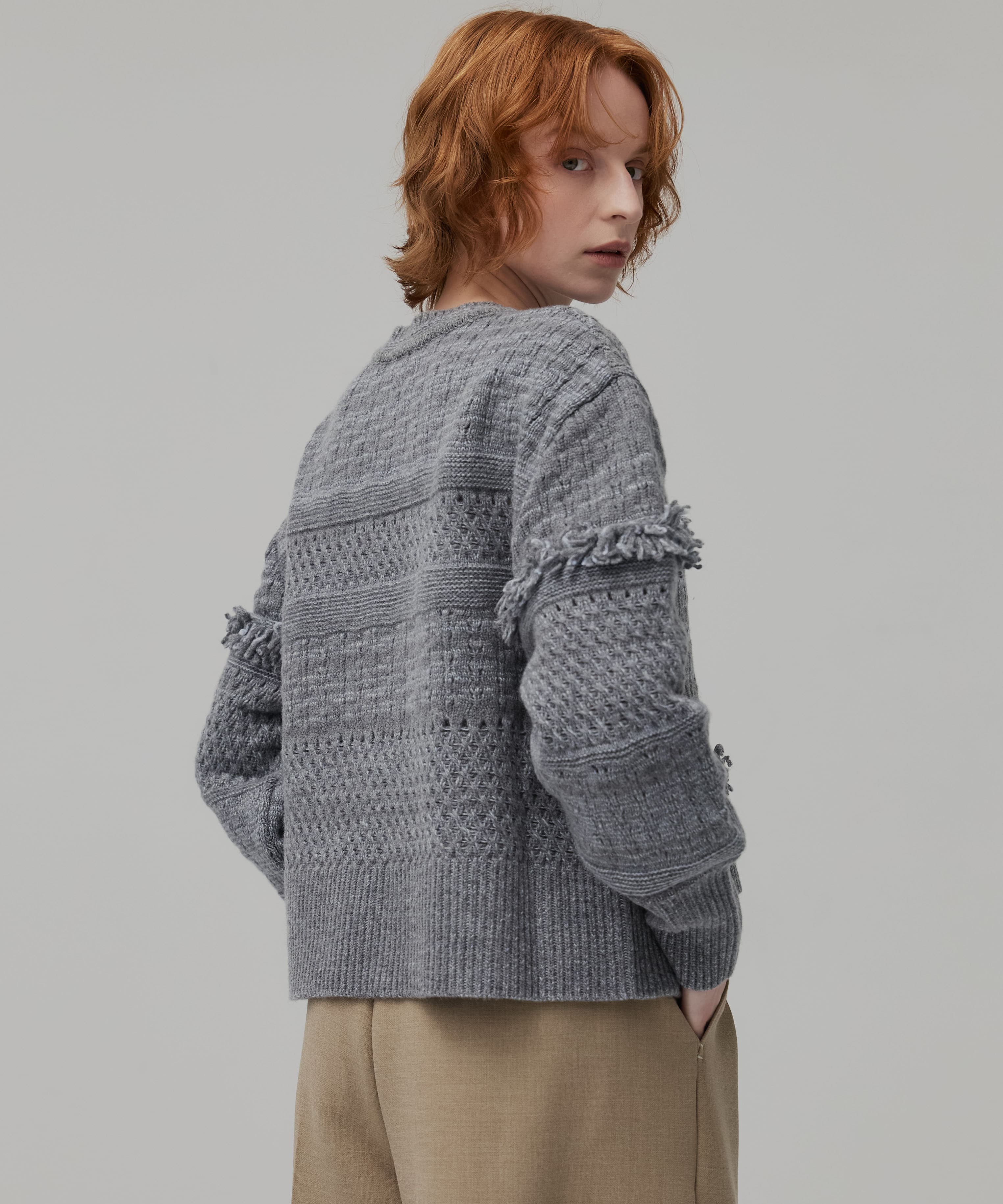 ウールバスケットフリンジニット