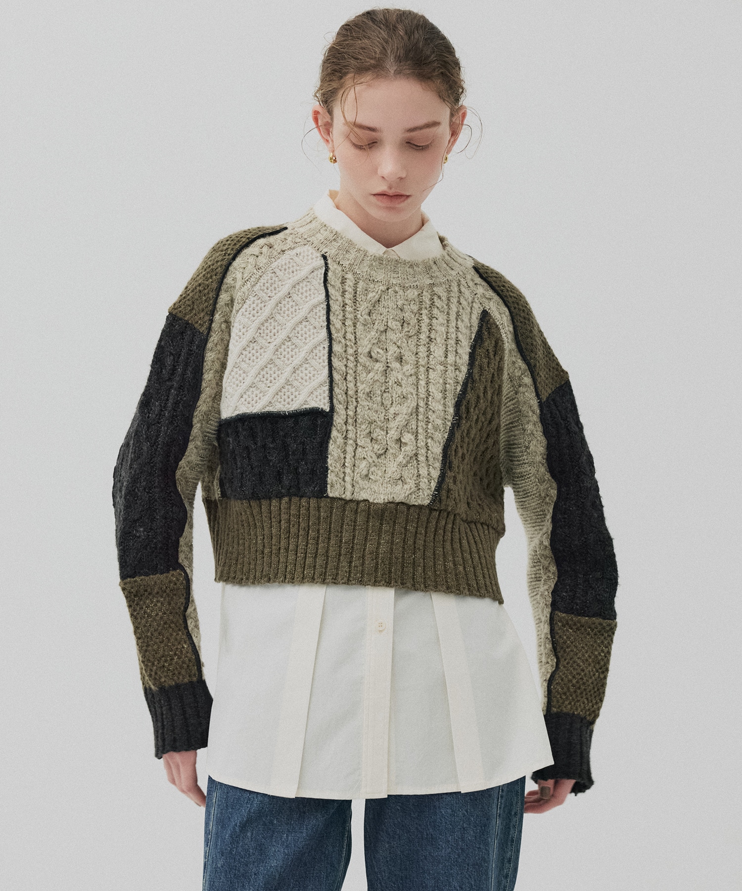 ケーブルパッチワークニット