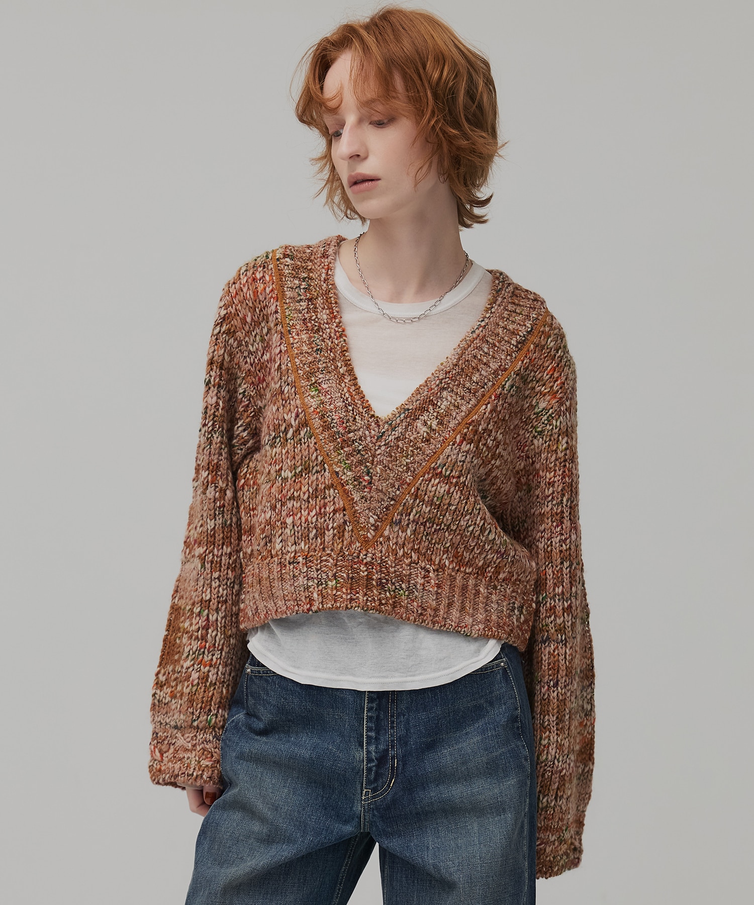 ミックスカラーVネックニット