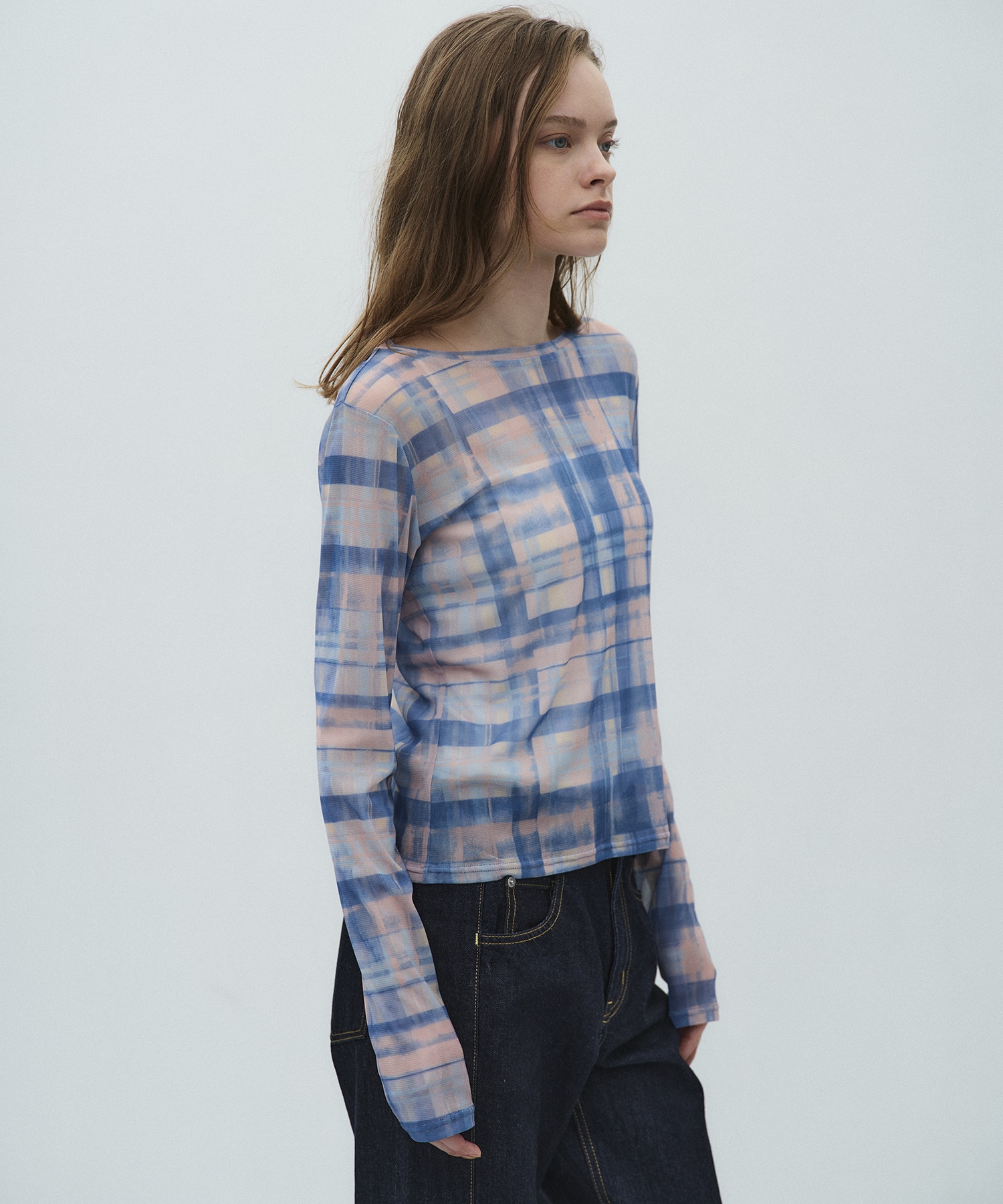 ペイントプリントチェックトップス