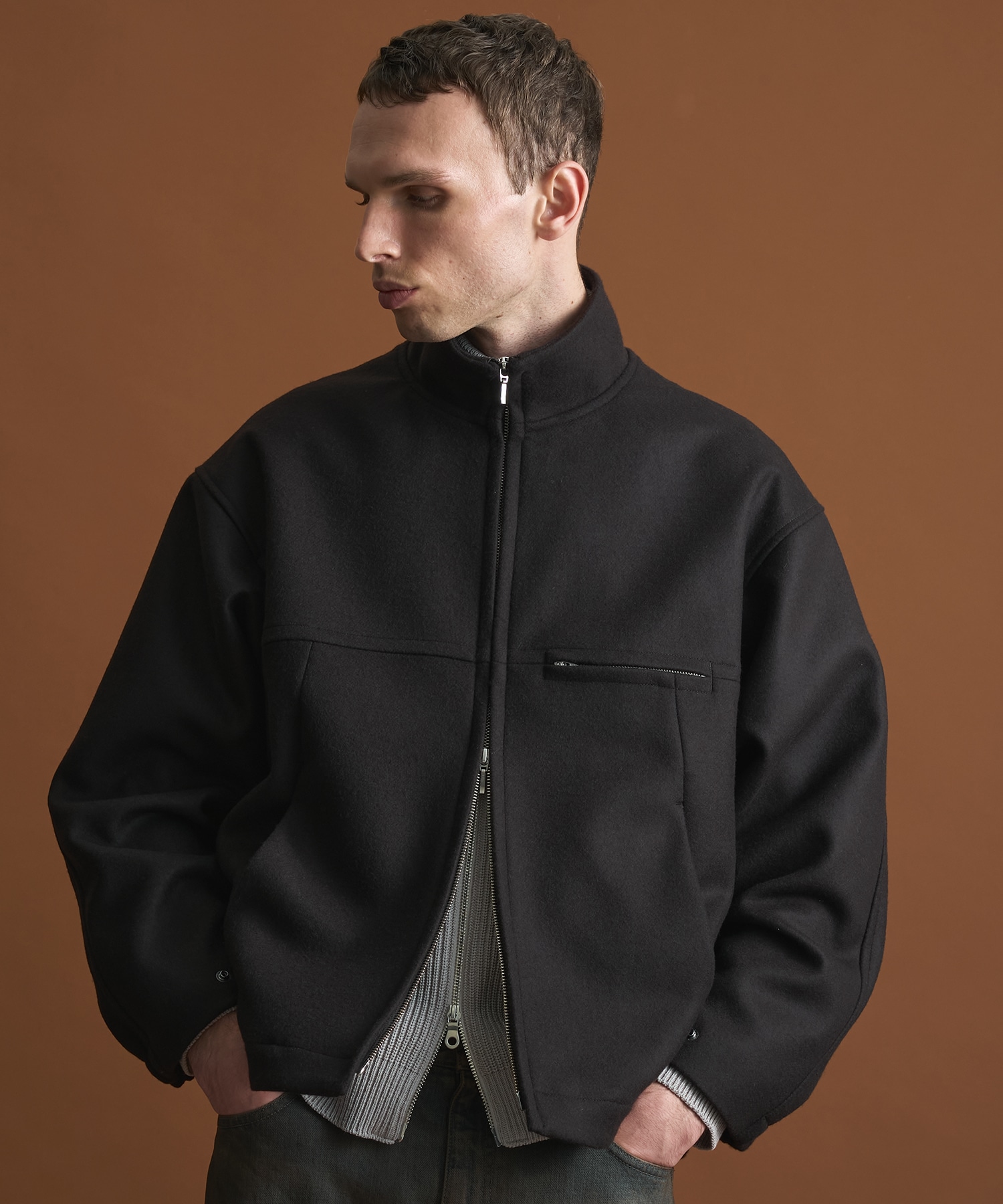 Super140sメルトンスタンドジップBL