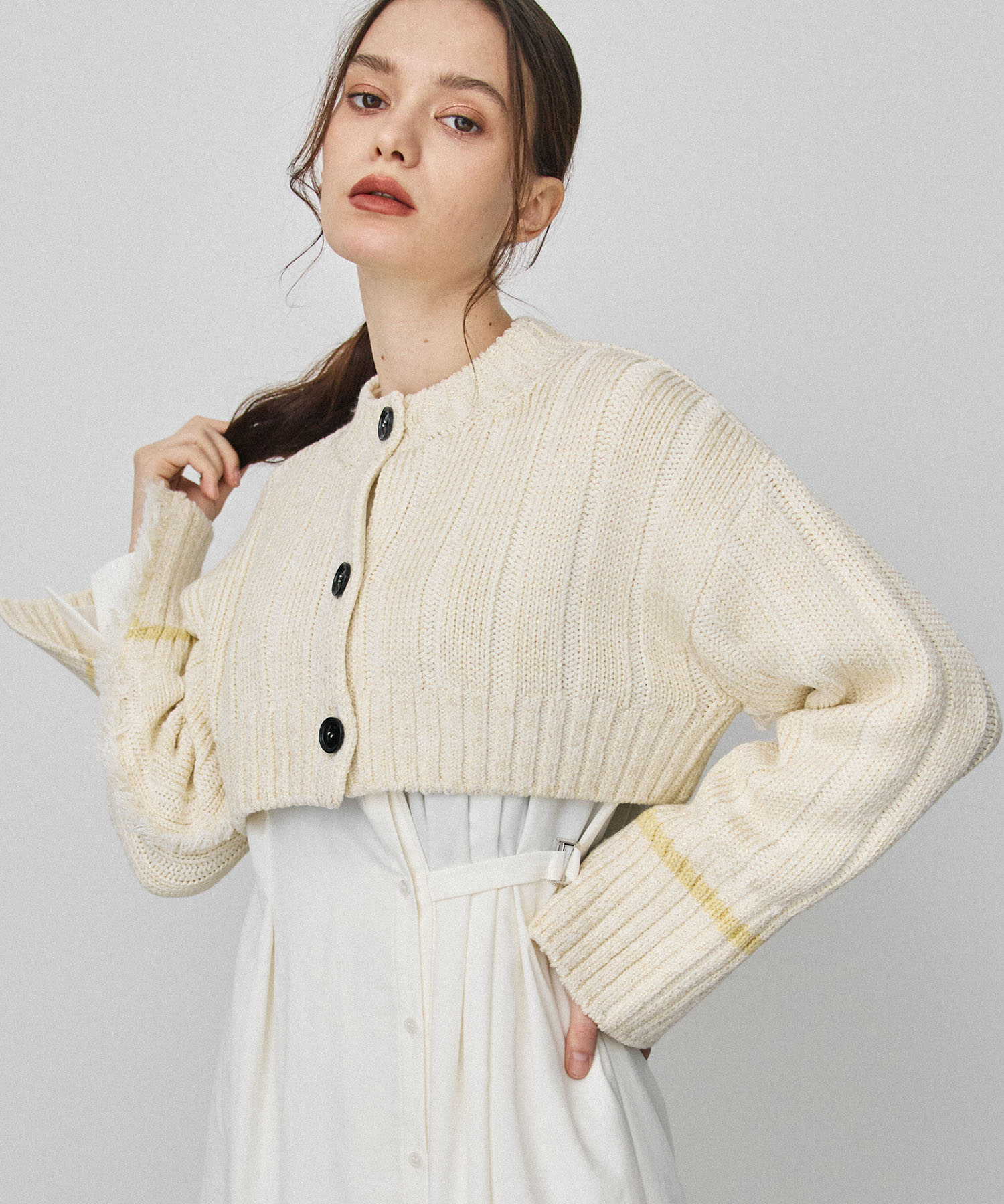 162530003060 CARDIGAN FREE FRINGE HEM IVORY SHORT ショートヘム