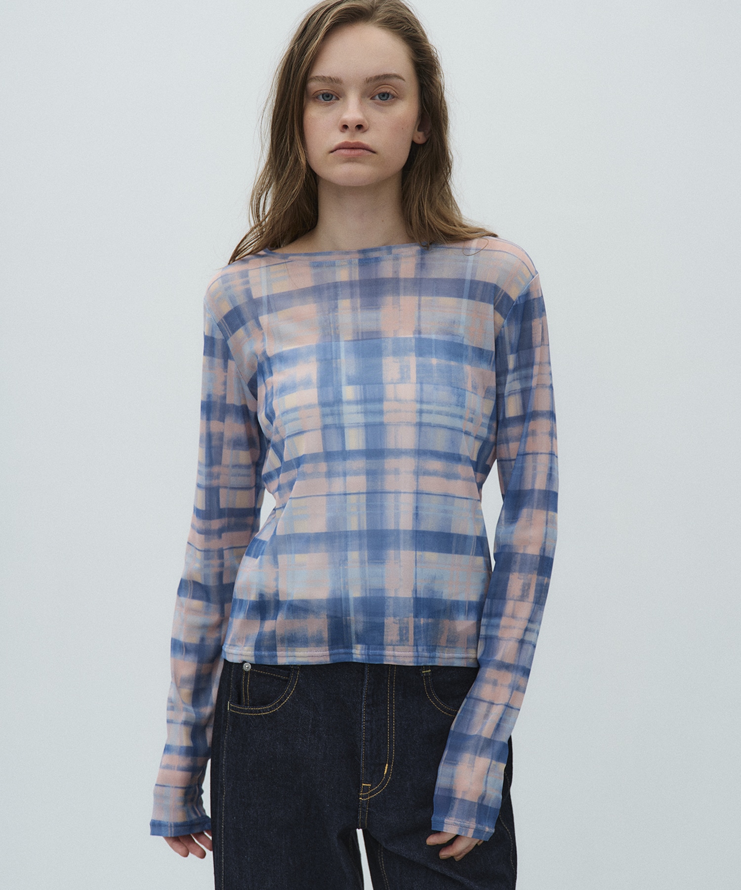 ペイントプリントチェックトップス