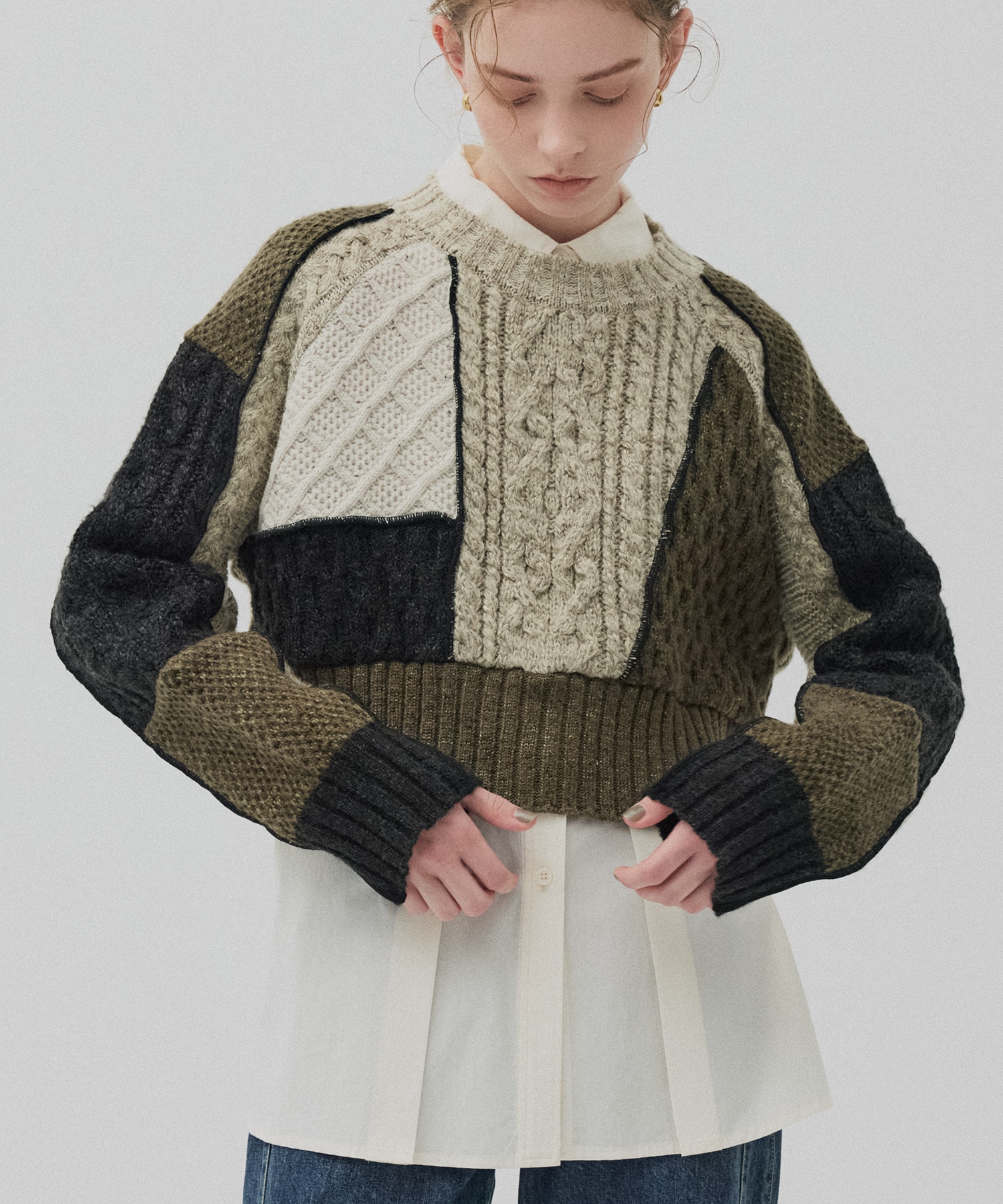 ケーブルパッチワークニット