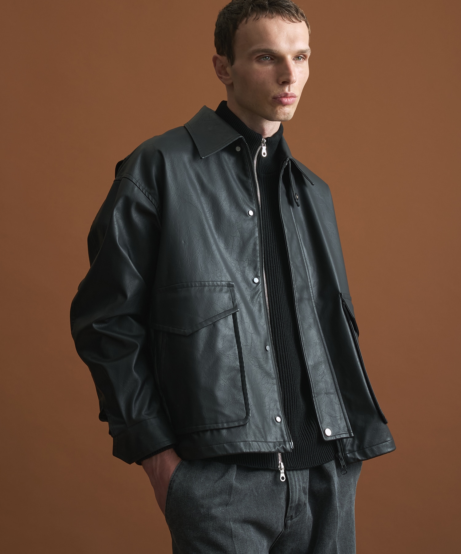 ビンテージフェイクレザーブルゾン