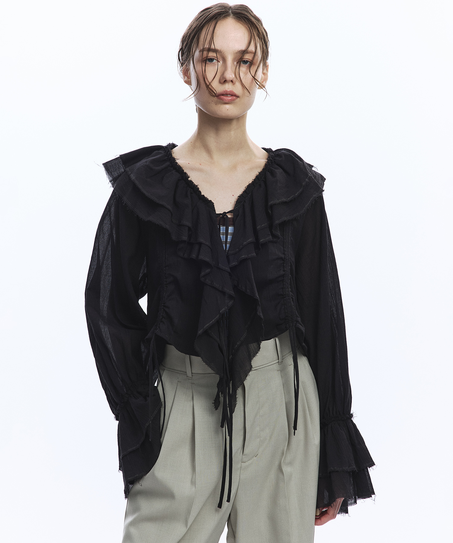 ラッフルカラーギャザーブラウス