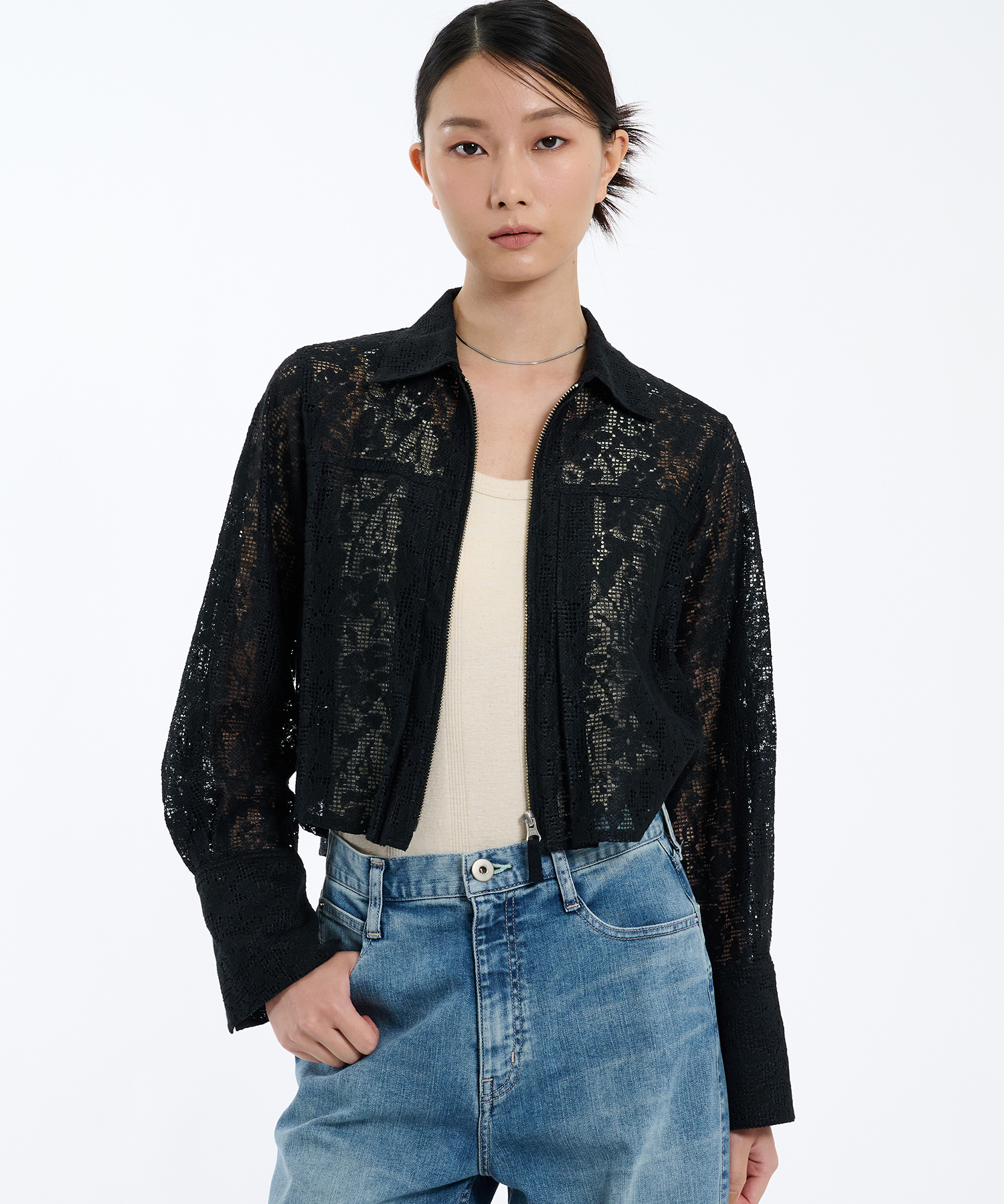 コットンレースフロントZIPシャツ