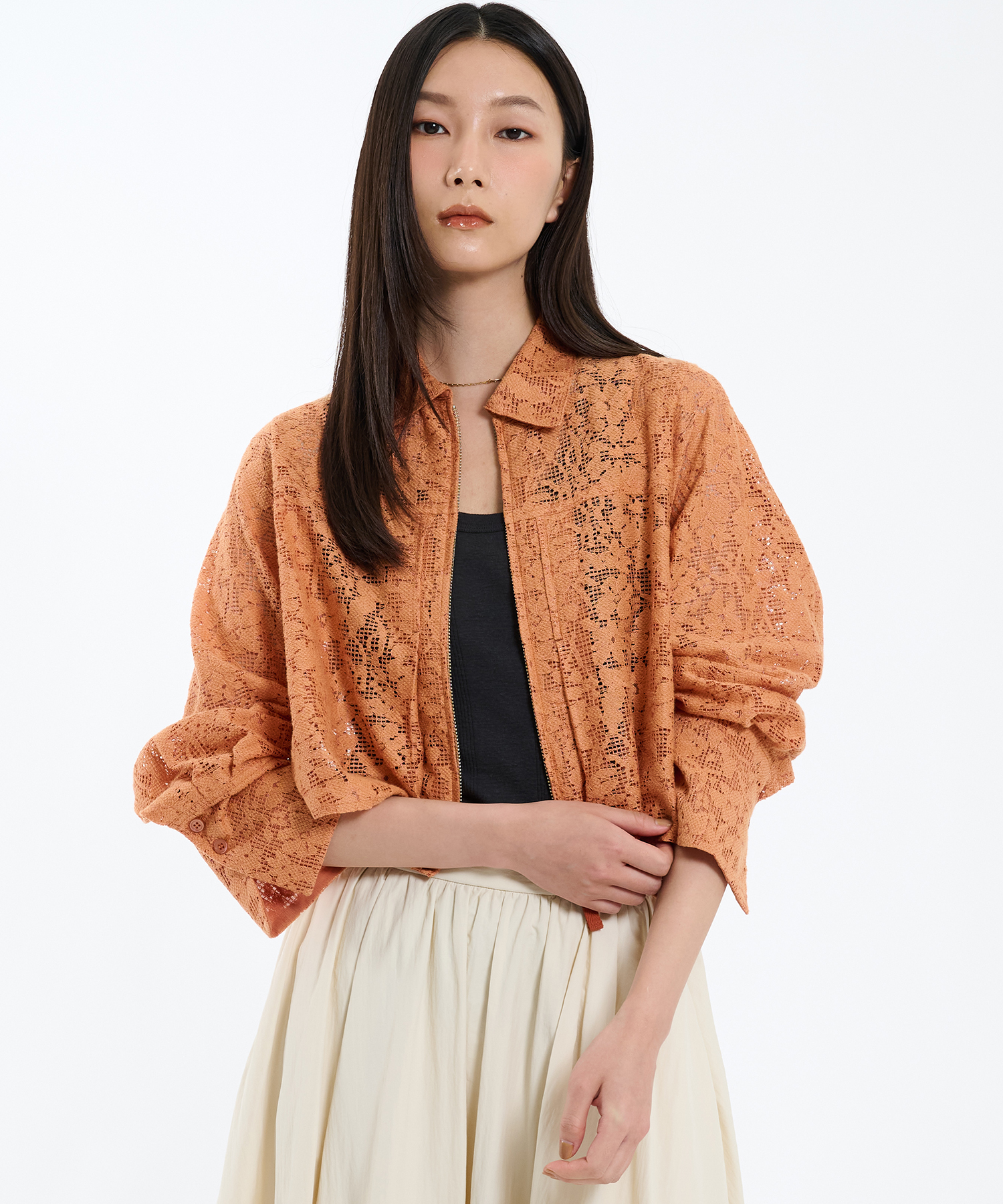 コットンレースフロントZIPシャツ