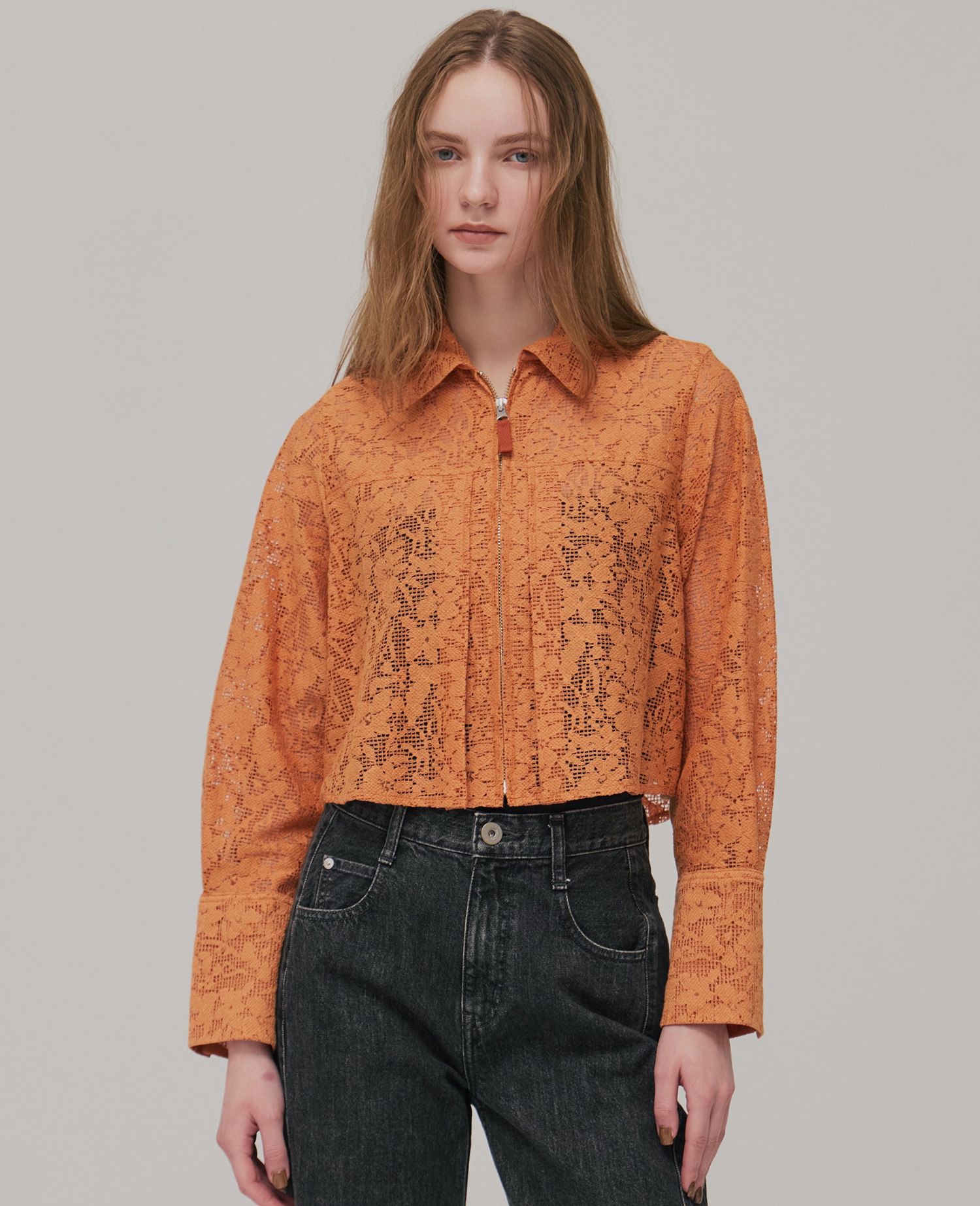 コットンレースフロントZIPシャツ