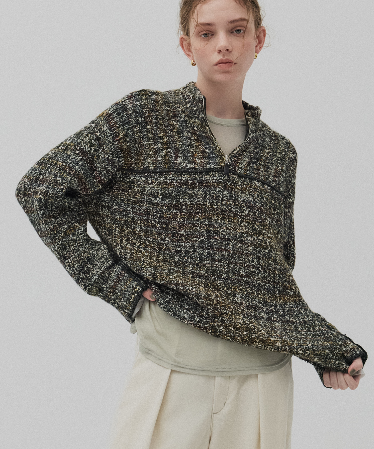 ミックスカラーハーフZIPニット